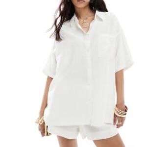 NWT Cotton On Oversized Linen Mixed Button Shirt Women’s 8 Short Sleeve